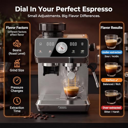 MOEFO Espresso Machine with Grinder, 20-Bar Programmable Semi-Automatic Coffee Maker, Visual Pressure Gauge & Touchscreen, Compact Design with Tamper, Make Americano, Latte, Silver