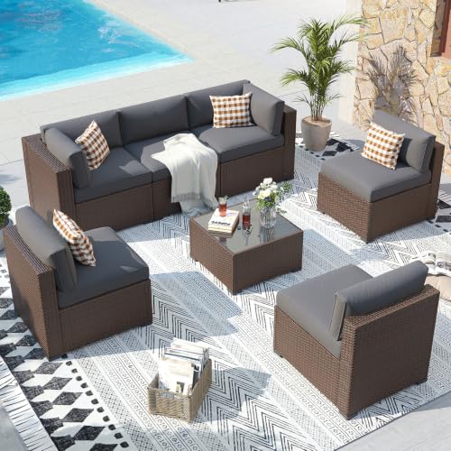 Aoxun Patio Furniture Sets, 7-Piece Outdoor Patio Furniture with Thick Cushions, Wicker Outdoor Conversation Set Sectional Sofa for Backyard, Poolside, Garden