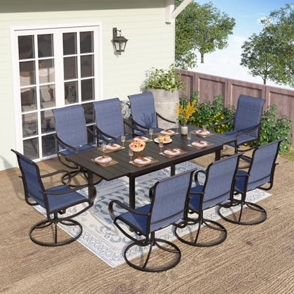 PHI VILLA Outdoor Dining Set for 8, Expandable Table & Blue Swivel Chairs