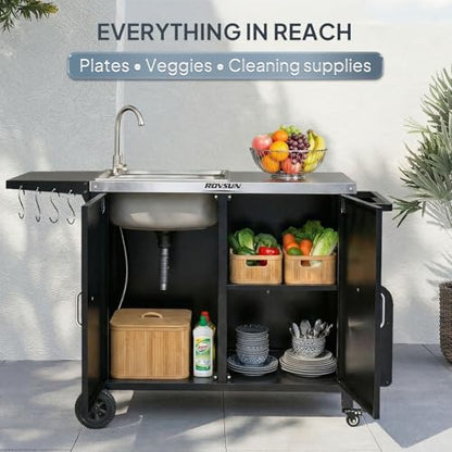 ROVSUN Outdoor Grill Cart with Sink, 304 Stainless Steel Sink, Movable Prep Table w/Cabinet, Rolling Kitchen Island w/Spice Rack and Hooks, Paper Racks for Backyard Cooking, Patio, Gardens