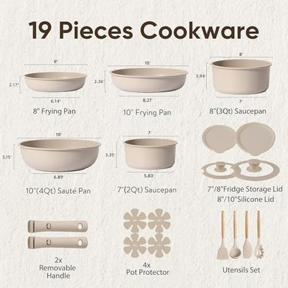 CAROTE 19pcs Pots and Pans Set Non Stick, Nonstick Cookware Set Detachable Handle, Induction Kitchen Cooking Sets with Removable Handle, RV Kitchen, Oven Safe, Taupe