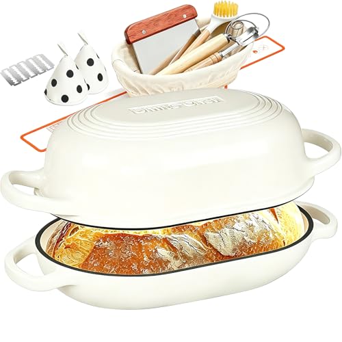 Enameled Cast Iron Dutch Oven for Bread Baking - incl. Sourdough Bread-Baking Supplies like Banneton Bread-Proofing Basket - 5QT Loaf Cast Iron Bread Oven Pan& Meatloaf Pan with Lid, Sour Sough Tools, Lame (Cream White）