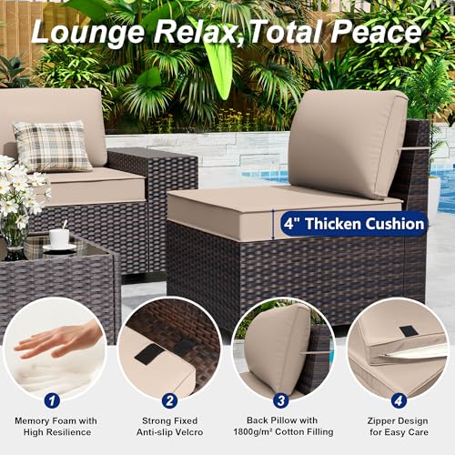 ASJMR Outdoor Patio Furniture Set, 12 Pieces Outdoor Sectional Furniture High Backrest Patio Sofa, All-Weather PE Rattan Patio Conversation Set with Coffee Table & Cushions(Brown).