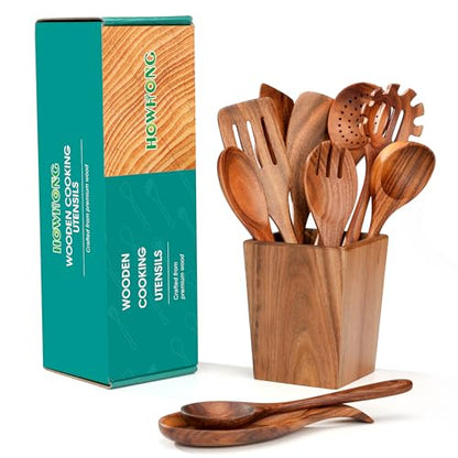 Wooden Spoons for Cooking, Acacia Wood Cooking Utensils Set – 11 Piece Wooden Kitchen Tools with Holder, Spoon Rest, Nonstick Cookware Safe by HOWHONG