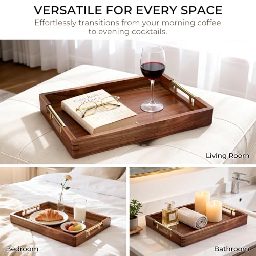 ZENPTIA Acacia Wood Serving Tray with 2 Sets of Handles (Gold & Silver) - 17" Large Wooden Tray for Ottoman Coffee Table, Decorative Tray for Living Room & Kitchen - Solid Wood Table Topper