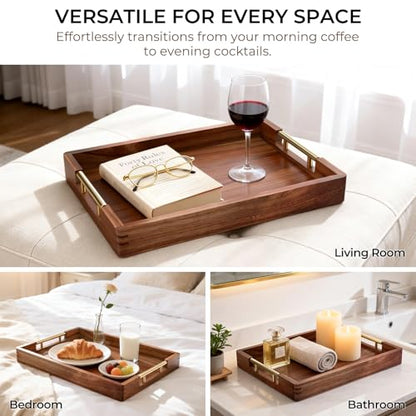ZENPTIA Acacia Wood Serving Tray with 2 Sets of Handles (Gold & Silver) - 17" Large Wooden Tray for Ottoman Coffee Table, Decorative Tray for Living Room & Kitchen - Solid Wood Table Topper