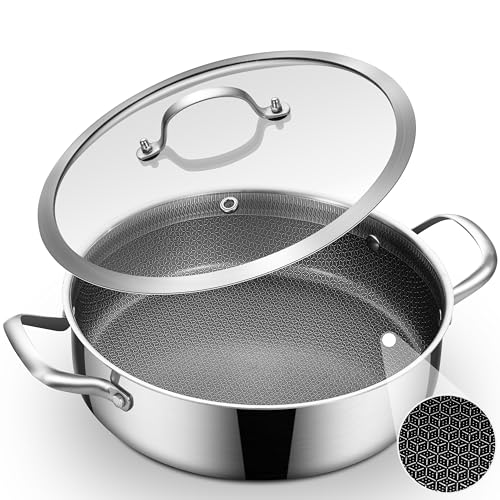 Inqibee 5 QT Hybrid Nonstick Saute Pan with Lid, Tri-Ply Stainless Steel 12 Inch Deep Frying Pan Cookware, PFOA & PFOS Free, Induction Compatible, All Cooktops, Oven & Dishwasher Safe