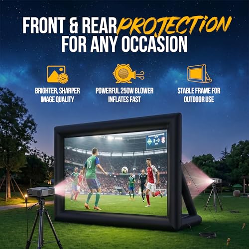 KHOMO Gear 16 ft Outdoor Projector Screen with Built-in Blower - Supports Front and Rear Projection - Includes Tie-Downs and Storage Bag - Inflatable Projector