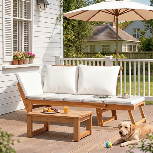 Flamaker Outdoor Couch with Adjustable Armrests, Acacia Wood Patio Loveseat with Soft Cushions, Convertible Patio Furniture for Balcony, Porch, Backyard (White)