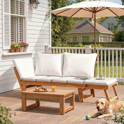 Flamaker Outdoor Couch with Adjustable Armrests, Acacia Wood Patio Loveseat with Soft Cushions, Convertible Patio Furniture for Balcony, Porch, Backyard (White)