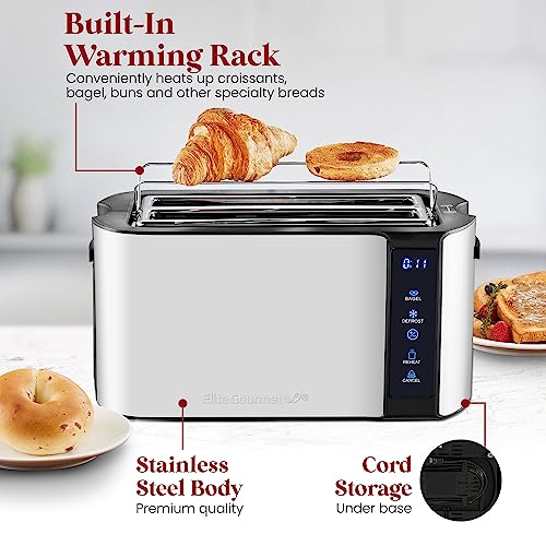 Elite Gourmet ECT5322 Long Slot 4 Slice Toaster, Countdown Timer, Bagel Function 6 Toast Setting, Defrost, Cancel Function, Built-in Warming Rack, Extra Wide Slots for Bagels Waffles, Stainless Steel