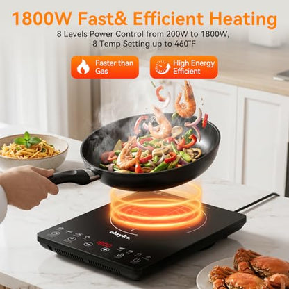 olayks Protable Induction Cooktop, 1800w Hot Plate Electric Stove with Child Safety Lock, Timer, 8 Power Levels, Single Burner Electric Cooktop with Large Heating Coil, Fast Heating