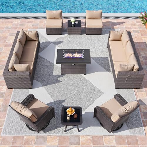 RTDTD 13 Pieces Outdoor Patio Furniture Set,Outdoor Sectional Furniture with 43" 55000 BTU Gas Propane Fire Pit Table,PE Rattan Wicker Patio Conversation Set,Swivel Rocking Chairs Set,Sand