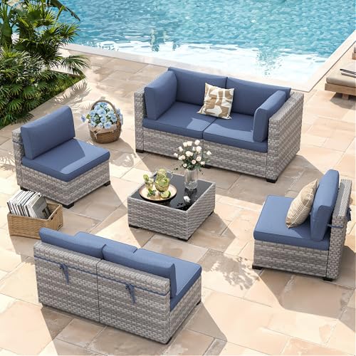 MAISON BACKYARDS 6-Seat Modular Patio Furniture Set – Outdoor Wicker Sectional Sofa with Thick 4″ Cushions, Dual-Strand PE Rattan, Rust-Resistant 18 mm Steel Frame, Backyard Garden Deck Lounge,Navy