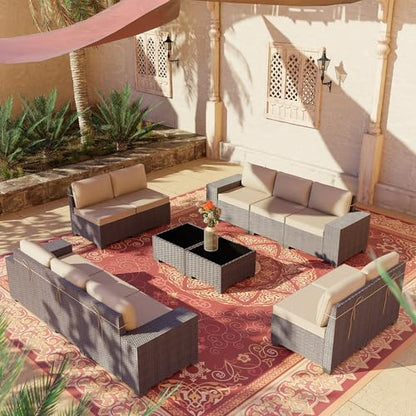 RTDTD 12 PCS Outdoor Patio Furniture Set,Outdoor Sectional Furniture All Weather PE Rattan Wicker Patio Conversation Set with 2 Coffee Tables and 10 Thickened Cushions,Sand