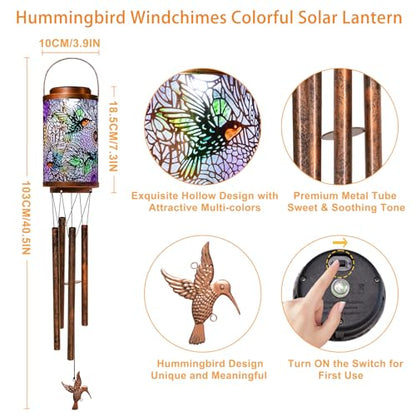 Hummingbird Solar Wind Chimes for Outside, Garden Gifts for Women,Solar Lantern Outdoor Waterproof Lights for Balcony, Porch, Backyard, Birthday Gifts for Mom Grandma Wife (1Pack)