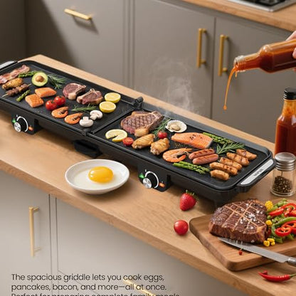SUNVIVIPRO Electric Griddle Indoor, 1600W Large Flat Top Grill with 17.5" x 9" Nonstick Plates, 2 Cooking Zone with Adjustable Temp, Pancake Egg Maker with Drip Tray, Indicator Light