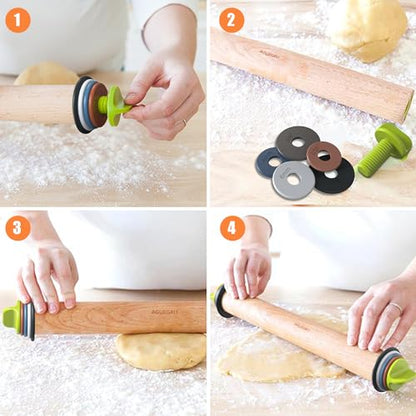 Aguegro Rolling Pin with Adjustable Thickness Ring, Dough Thickness for Baking, Fondant, Pizza, Crust, Cookies, Pastry, 13.6'' Wooden Rolling Pin with 4 Multi-Color Thickness Rings