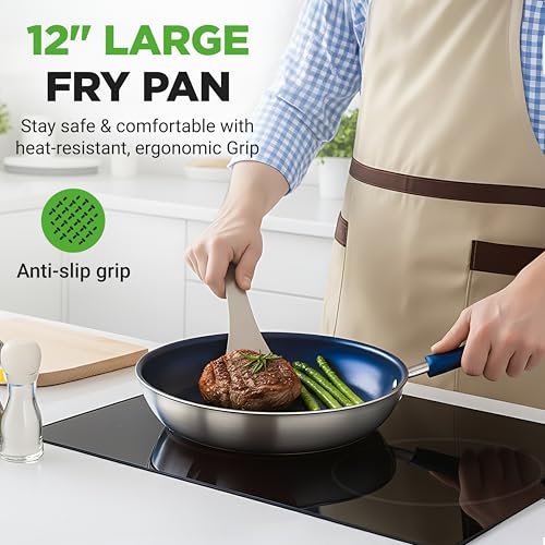 NutriChef 12" Fry Pan With Lid - Large Skillet Nonstick Frying Pan with Silicone Handle, Ceramic Coating, Blue Silicone Handle, Stain-Resistant, Easy To Clean, Professional Home Cookware