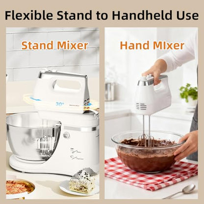 Vikaluz 4.8QT 2-in-1 Stand Mixer, Electric Kitchen Mixer with Auto-Rotating Bowl & Tilt-Head, 5-Speed 250W Turbo Baking Machine for Beginners with Beater & Dough Hook for Cookie, Bread, Cake (White)