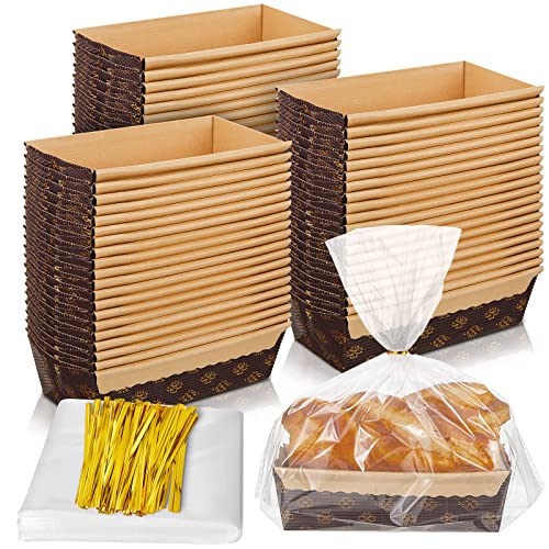 75 Sets Loaf Pans Disposable Paper Baking Loft Mold Bulk 6 x 2.5 x 2 Inch Rectangle Baking Pans with Bags Ties for Quick Bread Small Pumpkin Breads, Microwave Oven Freezer Safe