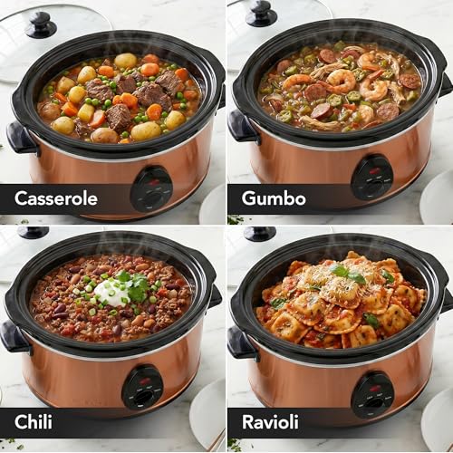 OVENTE Electric Slow Cooker with 3 Cooking Settings, Non-Stick and Dishwasher Safe Stoneware, Stainless Steel Body, Glass Lid, 3.7 Qt Oval Pot for Entrees, Soups, Sauces, Stews & Dips, Copper SLO35ACO