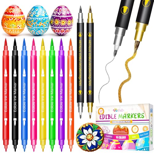 Edible Markers - 10 pcs Dual Sided Food Coloring Pens with Fine ＆ Thick Tip, Edible Food Safe Paint for Cake Decorating, Cookies, Fondant, Frosting, Icing, Easter Eggs, Food Grade Gourmet Writers