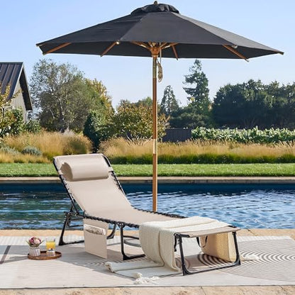 Flamaker Foldable Chaise Lounge Chair 5-Position Adjustable, Outdoor Tanning Chair with Side Pocket Sunbathing Recliner for Pool, Beach, Patio, Lawn(Beige, 1Pcs)