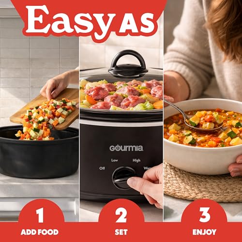 Gourmia Slow Cooker - 6 Quart Removable Ceramic Pot, Manual Controls with 3 Temperature Settings, Dishwasher Safe Crock and Glass Lid, Black
