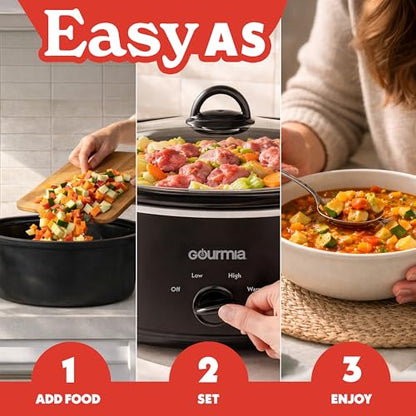Gourmia Slow Cooker - 6 Quart Removable Ceramic Pot, Manual Controls with 3 Temperature Settings, Dishwasher Safe Crock and Glass Lid, Black