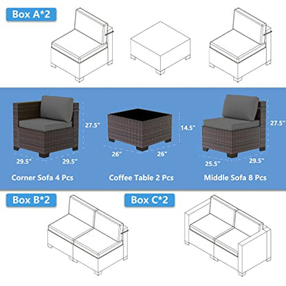 ASJMR Outdoor Patio Furniture Set, 14 Pieces Outdoor Sectional Furniture Patio Sofa, All-Weather PE Rattan Patio Conversation Set with Tempered Glass Top Table & Cushions(Grey).