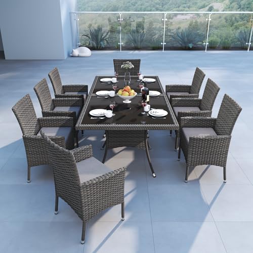 Trumbeak 10 Piece Outdoor Dining Set,Rattan Patio Conversation Set of 8 Chairs,Patio Dining Table and Chairs w/Cushions,Square Glass Tabletop,Umbrella Cutout for Patio,Grey