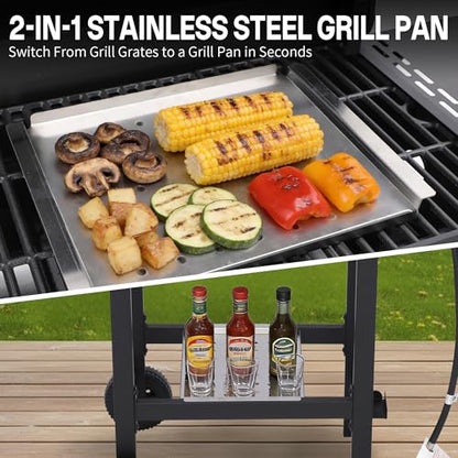 LMNOCHM Propane Grill with Folding Side Tables, 3-Burner Gas Grill with Porcelain-Enameled Cast Iron Grates and Stainless Steel Grill Pan, 30,000 BTU BBQ Grill with Wheels for Outdoor Cooking