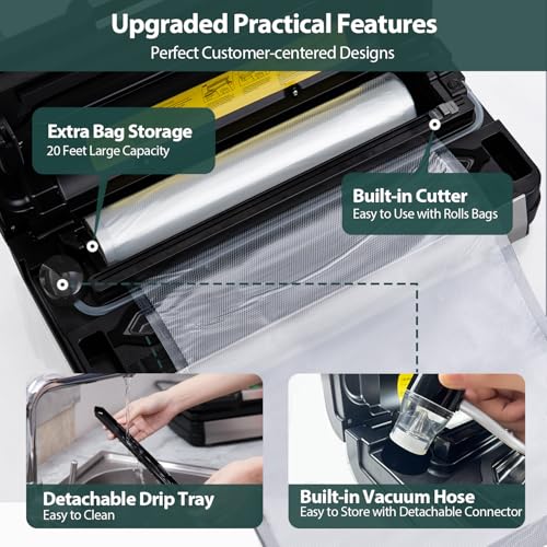 95kPa Vacuum Sealer Machine with AquaLock Technology, Dual-Pump Automatic Food Sealer for Dry & Moist Foods, Double Heat Seal, Built-in Cutter, Bag Storage & Accessory Hose,2 Bag Rolls,Stainless Steel