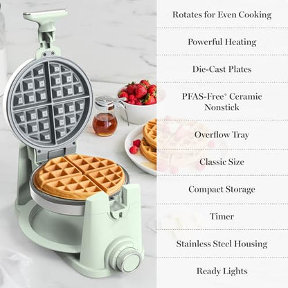 Martha Stewart Rotating Waffle Maker, Ceramic Nonstick Plates, Honeydew