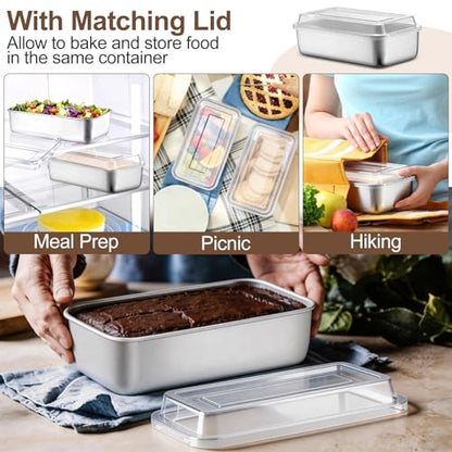 TeamFar Loaf Pans for Baking Bread, 9 x 5 Inch Stainless Steel Bread Loaf Pan with Lid, Meatloaf Pan Tin for Homemade Bread, Brownies, Meal Prep, Storage, Healthy & Dishwasher Safe - Set of 2