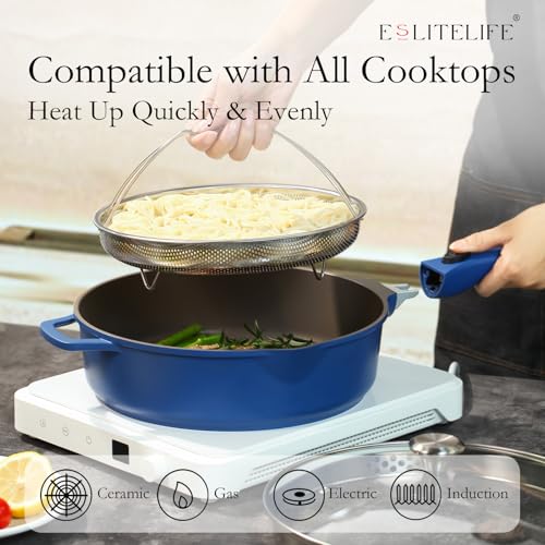 ESLITE LIFE Nonstick Always Pan with Lid, 11 Inch(4.5 Qt) Deep Frying Skillet Sauté Pan, Safe for Oven, Induction & All Cooktops, PTFE & PFOA Free (Blue Granite, 11" w/Lid & Steamer)
