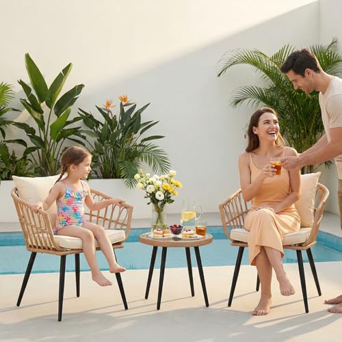 VineBreeze 3-Piece Patio Dining Set, Featuring a Round PE Rattan Table and 2 Chairs, Suitable for Bedrooms, Porches and Gardens All-Weather Furniture Set Includes Tempered Glass, Thick Cushions