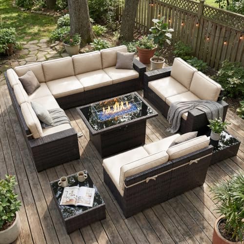 LayinSun 13 Pieces Outdoor Patio Furniture Set with 44" Fire Pit Table Brown Rattan Sectional Sofa Conversation Sets