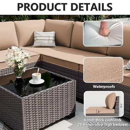 ALAULM 13 Pieces Patio Furniture Set with Propane Fire Pit Table Patio Sectional Sofa 43" Gas Fire Pit Brown PE Rattan Patio Conversation Set w/10 Seat Cushions-Sand