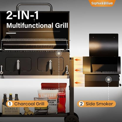 Sophia & William Extra Large BBQ Charcoal Grills and Offset Smoker,1015 SQ.IN. Cooking Area with Dual Lifting Charcoal Trays, Charcoal Barbecue Smoker Grill for Patio, Backyard Outdoor Cooking