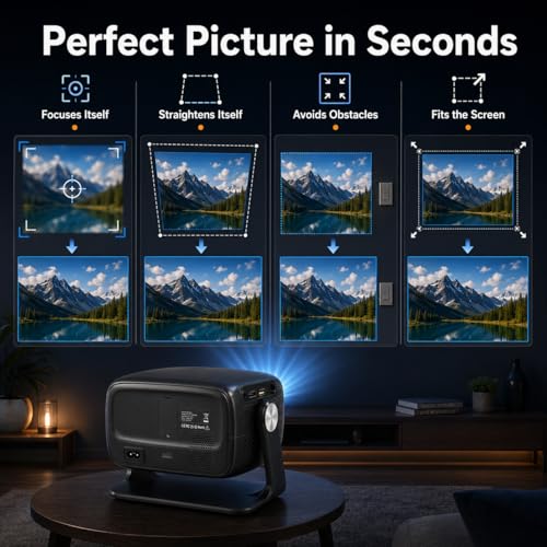 [Built in APP & Auto Focus] Native 1080P 4K Support Projector with Bluetooth 5.4 and Wifi 6 Portable Full HD, 180° Ceiling Rotation, Auto Keystone Real 560 ANSI Movie Projector for Bedroom, Outdoor