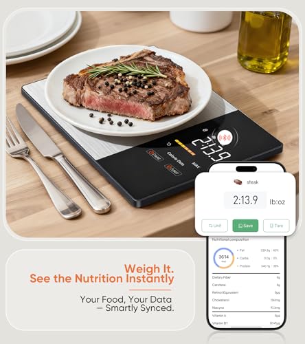 KUAIVO Smart Nutrition Food Scale with LED Display, Tracks Calories, Fat, Carbs & Protein via App, 1g Precision Digital Kitchen Scale for Healthy Eating & Meal Prep