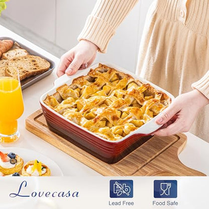 LOVECASA 8x8 inch Baking Pan, 2 Quart Square Cake Pan Baking Dish for Oven, Stoneware Brownie Pan Non-Stick, Casserole Baking Pan with Handle,Ceramic Bread Pans for Baking, Red