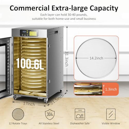 Septree Rotary Food Dehydrator 16 Trays, Commercial Large Rotating Food Dryer Machine for Jerky, Herbs, Mushrooms, Fruit, Dog Treats, 1500W Full Stainless Steel Industrial Dehydrater (Gunmetal Gray)
