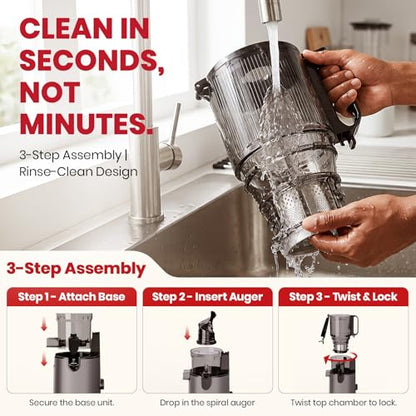 Laudlife Cold Press Juicer with 5.9" Wide Feed Chute, Integrated 100oz Capacity Hopper & Strainer Design, Easy Clean & BPA Free, Slow Masticating Juicer Machines for Whole Fruits Vegetables