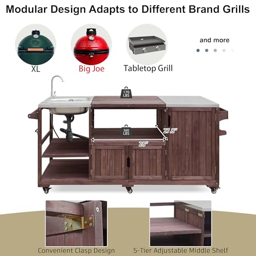TEVUTEVU 75.4" Outdoor Kitchen Island with Sink, Solid Wood Grill Cart, Rolling BBQ Prep Station with Stainless Steel Top, Towel Rack & Spice Rack, BBQ Cart (Grills NOT Included) (Brown, 75.4 inch)