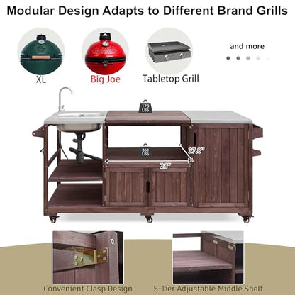 LUMISOL Outdoor Grill Table for Big Green Egg Grills, 75.4" Outdoor Kitchen Island with Sink, Solid Wood Rolling Kitchen Cart with Stainless Steel Top and Internal Storage Rack, Brown