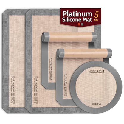 Silicone Baking Mat - Sopito Platinum Silicone - Non-Stick, Food Safe, Reusable Baking Sheet Liner, 5Pcs Set for Half Sheet Size Tray & Quarter Size Tray and 9'' Pizza pan, Grey