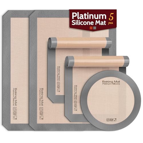 Silicone Baking Mat - Sopito Platinum Silicone - Non-Stick, Food Safe, Reusable Baking Sheet Liner, 5Pcs Set for Half Sheet Size Tray & Quarter Size Tray and 9'' Pizza pan, Grey